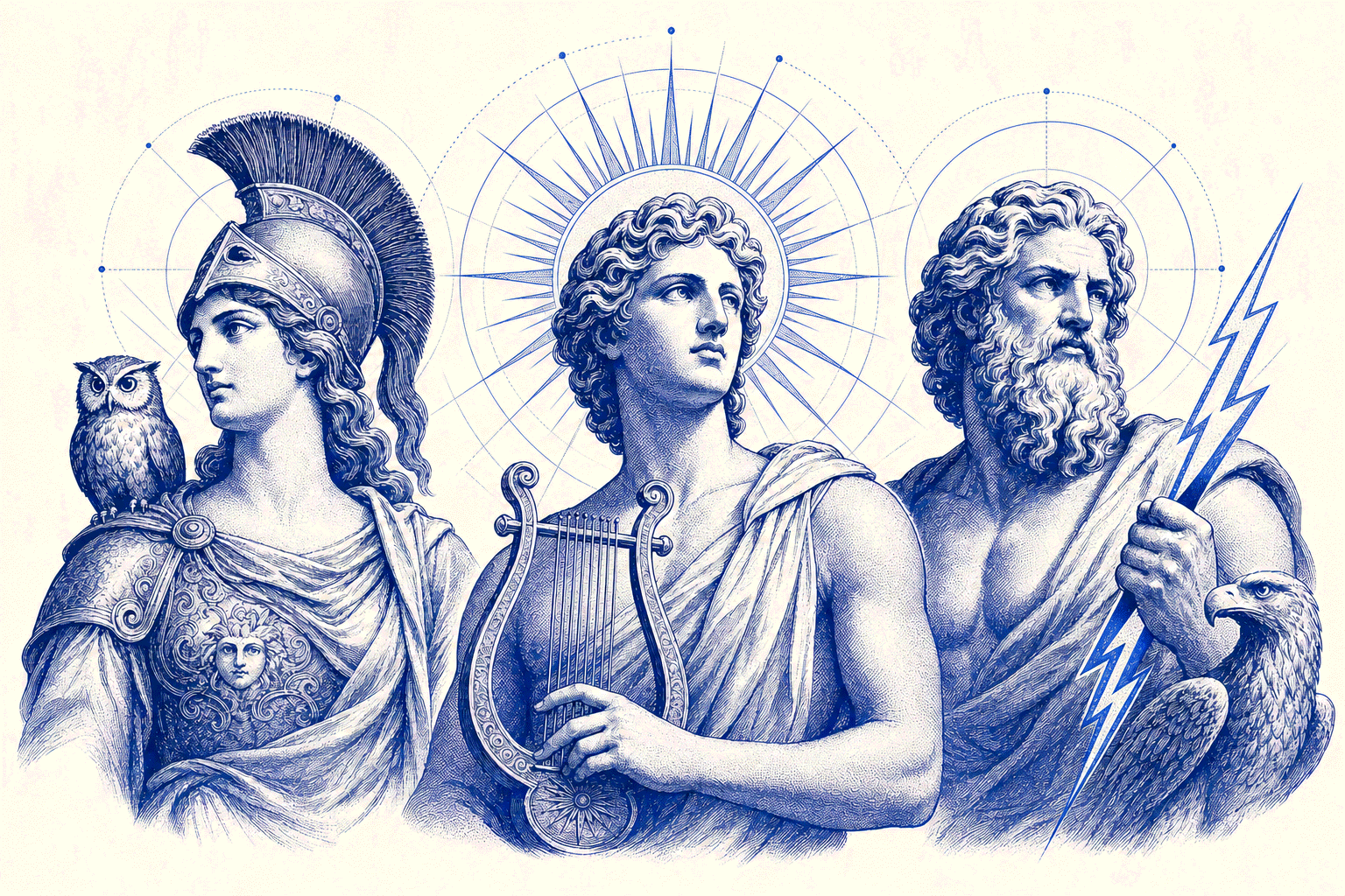 Ilustração editorial de Atena, Apolo e Zeus