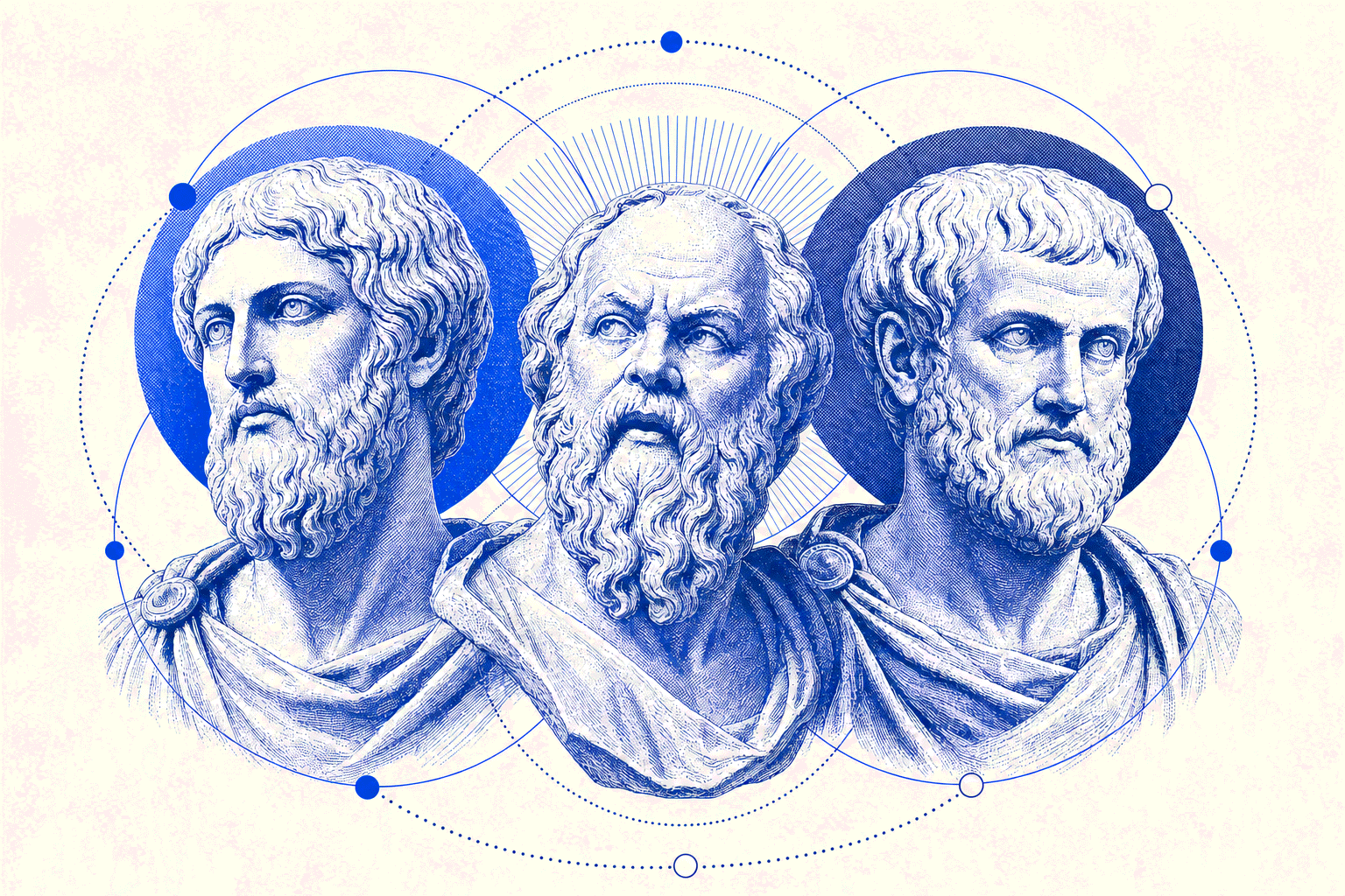 Ilustração editorial de Platão, Sócrates e Aristóteles